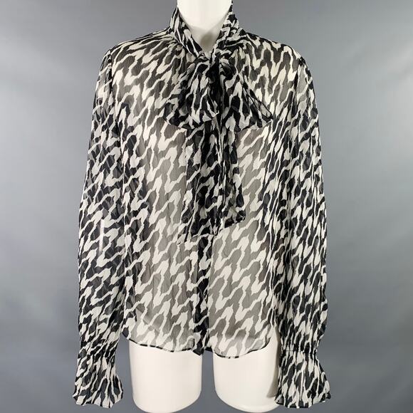 DIANE VON FURSTENBERG Size S Black White Silk Chiffon Marbled Pussybow Blouse - Picture 1 of 6